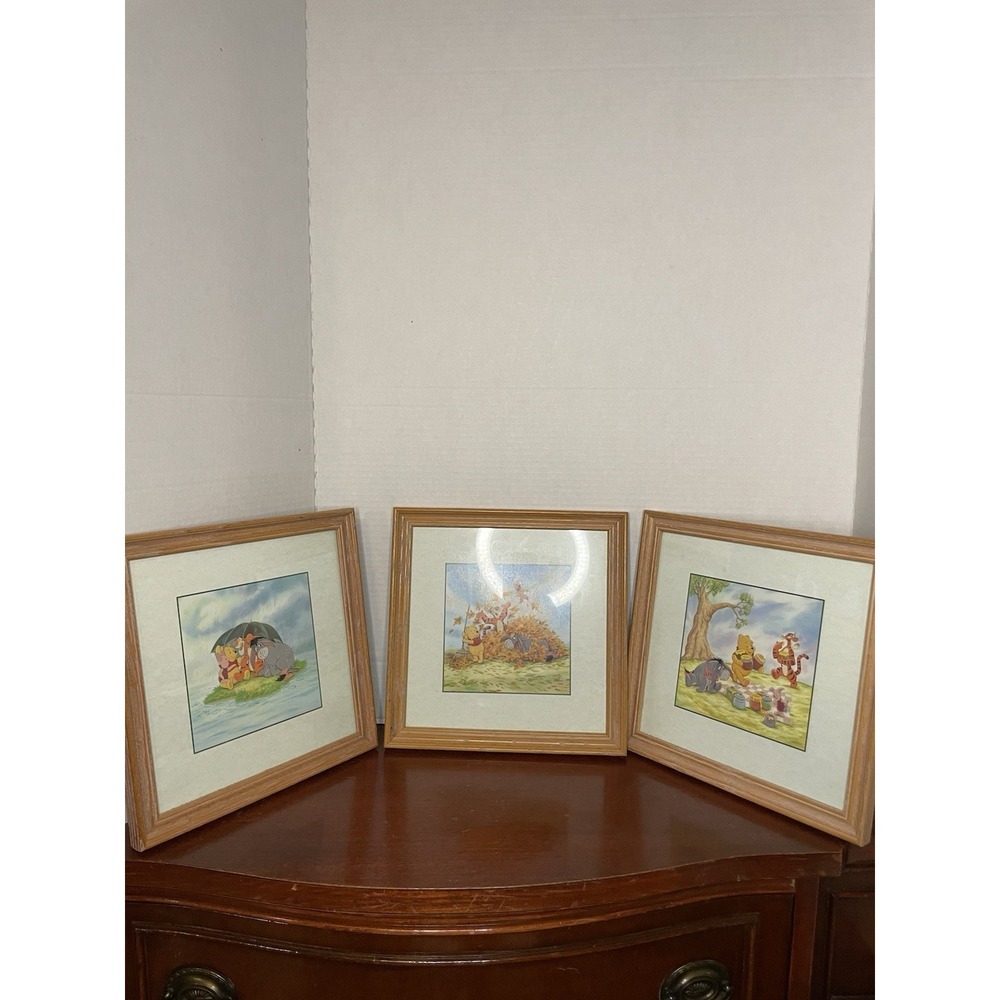 Disney Winnie the Pooh 100 Acre Wood Framed Art Prints Set of 3 vintage lot 9.5"